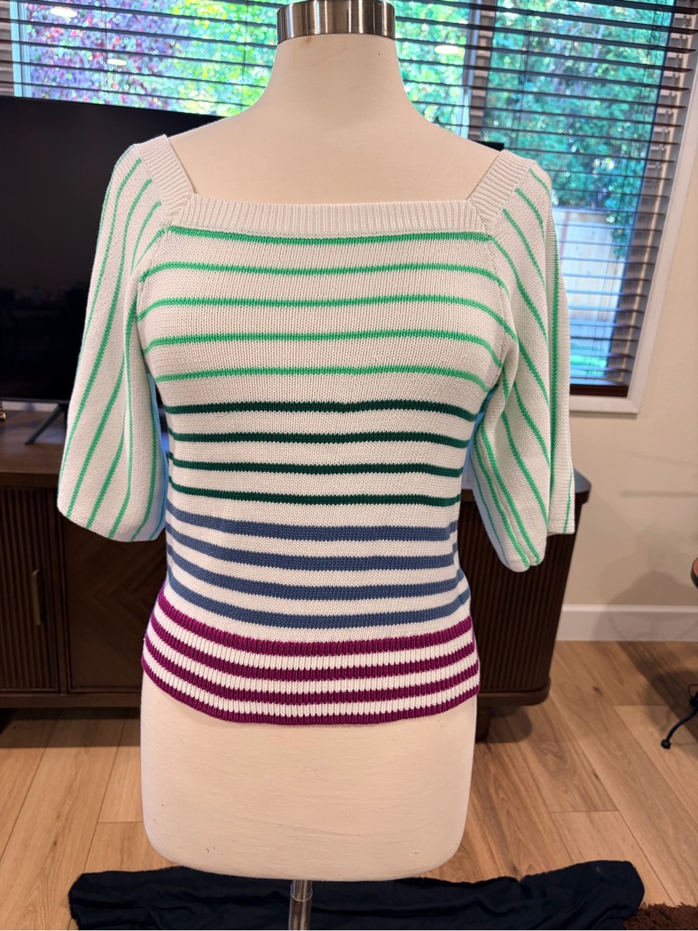 Striped Square-Neck Knit Sweater in White with Multicolor Stripes Kate Spade